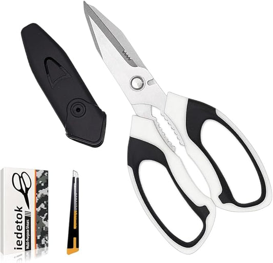 Utility Scissors Heavy Duty, Heavy duty Shears Stainless Steel Blades with Protective Case, Multipurpose Scissors for Cutting Cardboard, Fabric, Carpet, Leather, Wire (White Set)