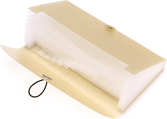 BTSKY Expanding File Folder - 13 Pockets, Small Accordion File Folder, Expandable Card Ticket Holder, Plastic Business Document Organizer, Khaki Translucent