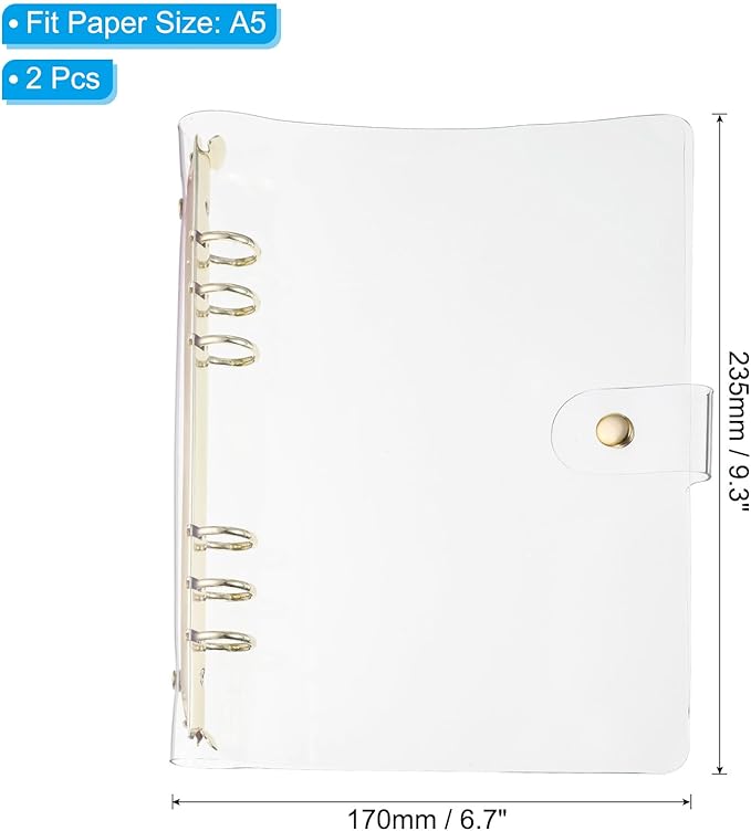 PATIKIL A5 Clear Binder Cover, 2Pcs Soft PVC Loose Leaf Binder Protector Refillable Notebook Shell with Snap Button Closure 6 Ring for DIY Meeting Notebook Folder, Gold Tone
