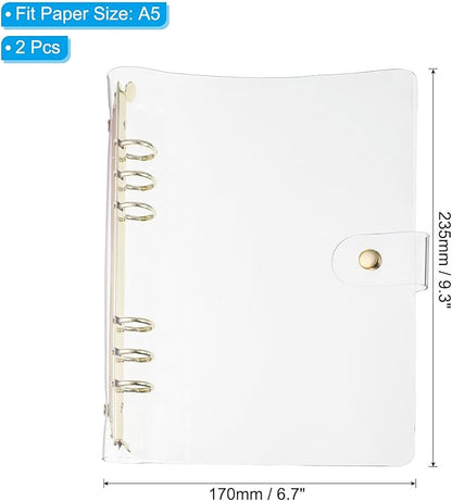 PATIKIL A5 Clear Binder Cover, 2Pcs Soft PVC Loose Leaf Binder Protector Refillable Notebook Shell with Snap Button Closure 6 Ring for DIY Meeting Notebook Folder, Gold Tone