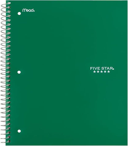 Five Star Spiral Notebook + Study App, 3 Subject, Wide Ruled Paper, 150 Sheets, 10-1/2" x 8" Sheet Size, Forest Green (73176)