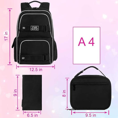 3PCS School Backpack for Girls and Boys, 17" Water Resistant Laptop Backpacks with Lunch Box, Cute Black Bookbag Set for Women Men College Teenagers High Middle Elementary School