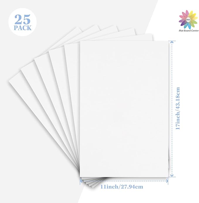 Mat Board Center, 25 pack 11x17 Corrugated Cardboard sheet, 1/8 inch thick, Flat Cardboard Inserts for Mailing, Packaging & Shipping, Cardboard Backing, Craft Card Board (White on one side)