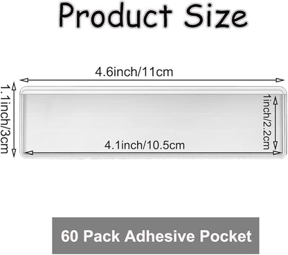 60 Pack Clear Self Adhesive Label Pockets, 4 x1 Inch Label Holders Index Card Pockets Card Holder Shelf Label Holder for Organizing