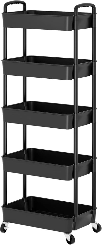 Sywhitta 5-Tier Plastic Rolling Utility Cart with Handle, Multi-Functional Storage Trolley for Office, Living Room, Kitchen, Movable Storage Organizer with Wheels, Black