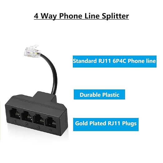 RJ11 Cable 4 Way Telephone Splitter 3 Pack, Black, Splitter 6P4C Connector Phone Line Cord Adapter with Cable for Landline Telephone Wire, Suitable for Telephone, Fax Machine
