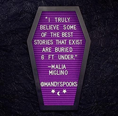 Coffin Letter Board Purple With Spooky Emojis +500 Characters, and Wooden Stand - 17x10.5 Inches - Gothic Halloween Decor Spooky Gifts Decorations