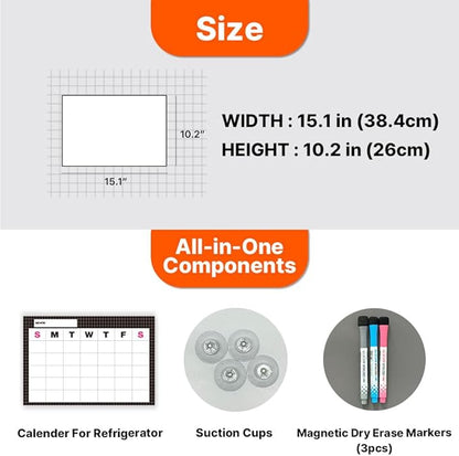 GEEKBEAR Dry Erase Refrigerator Calendar with 3 Markers - Attachable to Any Fridge with Special Suction Cups - Monthly and Weekly Designs, Acrylic - 15.7" x 10.6" (05. Black, Monthly)