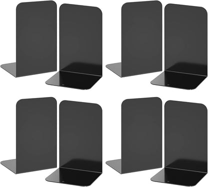 VFINE Bookends 4 Pairs, Black Metal Book Ends, Bookends for Shelves, Book Stopper for Heavy Books, Book Dividers for Home Office School Supplies