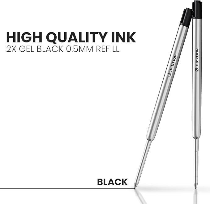 BASTION® Premium Pen Refill, Deeply Pigmented Ink for All Bastion Bolt Action Luxury Pens, Standard Ink Refill with 0.55mm Fine Tip - Black Gel, 2 PCs