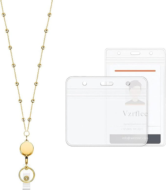 Retractable Badge Reel Lanyard with 2 Pieces ID Holder for Women, Fashion Beaded Chain Premium Stainless Steel Lanyard Necklace Water Resistant Name Badge Holder (Gold)