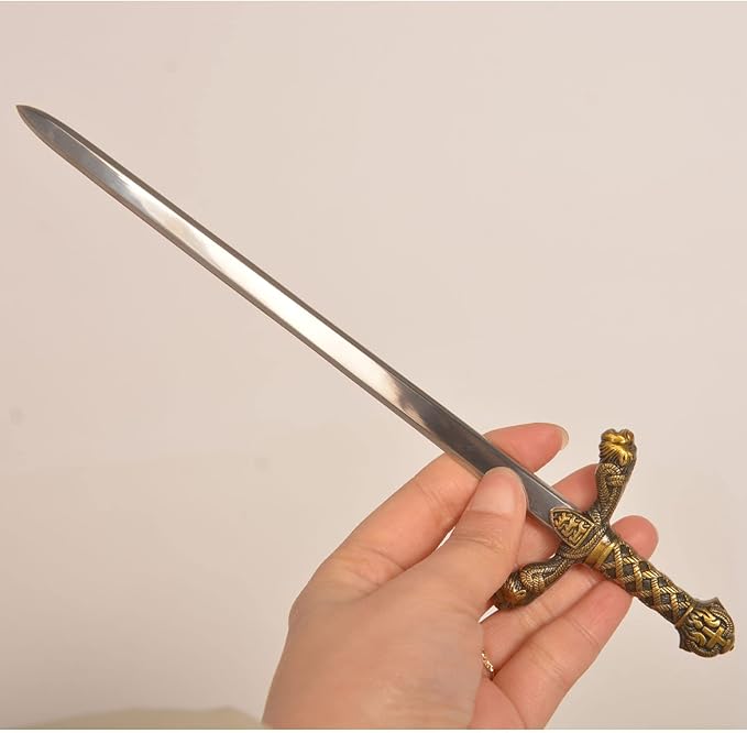 11" Metal Excalibur Sword Stainless Steel Letter Opener with Stand,Medieval Vintage Gold Handle,Mini Sword,Lightweight Hand Envelope Slitter,Special Gift