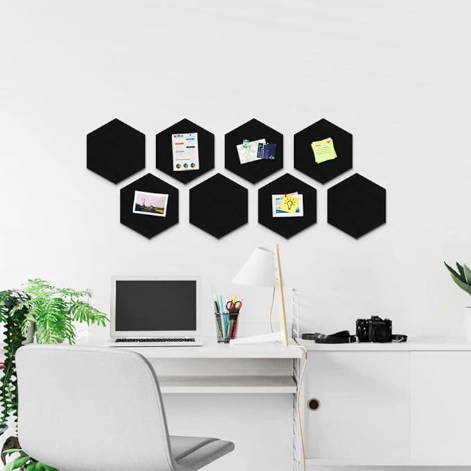 12" Large Bulletin Board with 30 Push Pins, Pack of 8 Hexagon Felt Pin Board Notice Boards for Home Office Kitchen, Felt Wall Tiles for Photos Memos