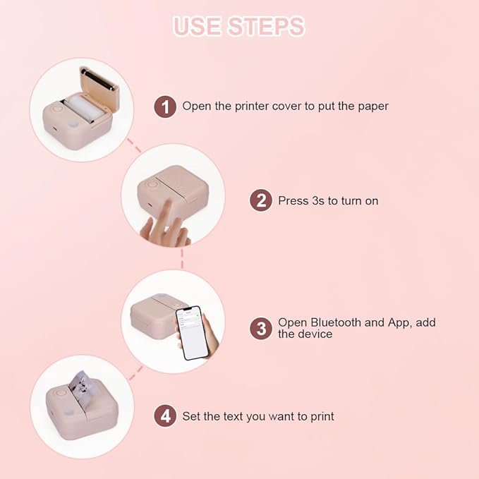 Mini Printer,Thermal Printers Sticker Maker with 3 Rolls Paper,Portable Wireless Bluetooth Inkless Printer, Recharge Pocket Label Maker, Small Printer for Scrapbook Supplies,Photo, Pink