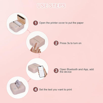 Mini Printer,Thermal Printers Sticker Maker with 3 Rolls Paper,Portable Wireless Bluetooth Inkless Printer, Recharge Pocket Label Maker, Small Printer for Scrapbook Supplies,Photo, Pink
