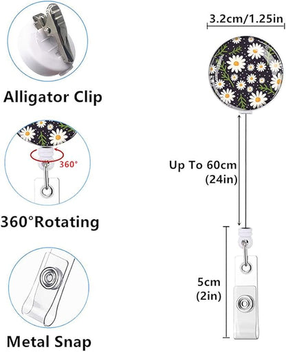 Retractable ID Badge Holder Nurse Badge Reels with Clip Name Card Holders for Office Worker Doctor Nurse (Cute Flowers 3 Pack)