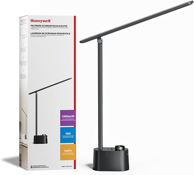Honeywell Upgraded LED Desk Lamp - H01 Pro Sunturalux™ Foldable Desk Light with USB A+C Charging Ports, 3 Color Modes Dimmable Table Lamp for Home Office Reading(Black)