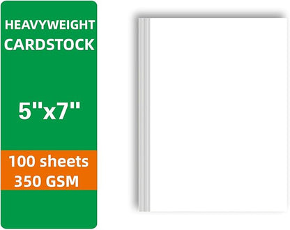 100 Sheets 5 x 7” White Cardstock Thick Paper - Blank Heavy Weight 350gsm Cover Card Stock for Invitations, Stationery Printing, Scrapbooking, Crafts, DIY Cards, Paper Crafting (5x7 Inches)