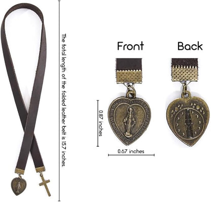 Bookmark, Handmade Catholic Prayer Bookmarks with Long Leather Strap, Heart-Shaped Virgin Mary Book Mark, Ideal Christian Gift (Style 2)