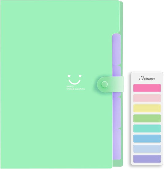 Forvencer Accordion File Organizer, Letter Size, 5 Pocket Expanding File Folder, Cute File Folder with Labels, Portable File Organizer for School Office Supplies, Folders for Documents, Green