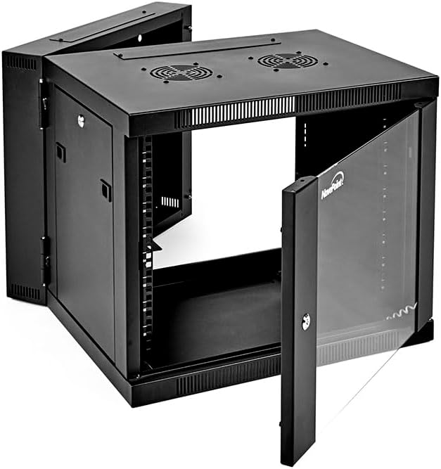 NavePoint 9U Server Cabinet with Hinged Back - 25.5” Deep, 9U Server Rack Enclosure with Locking Glass Door, Wall Mount Rack with Removable Side Panels, 9U Network Cabinet with 2 Fans, Pre-Assembled
