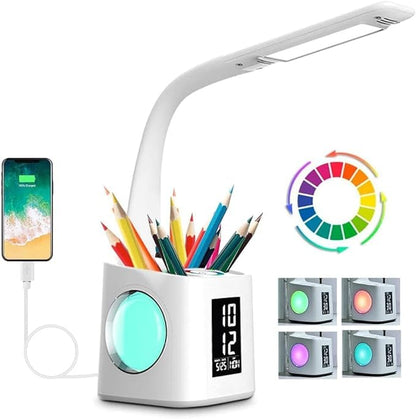 Study Desk Lamp with USB Charging Port&Screen&Calendar&Color Night Light, Kids Dimmable LED Table Lamp with Pen Holder&Clock, Reading Light for Students,10W