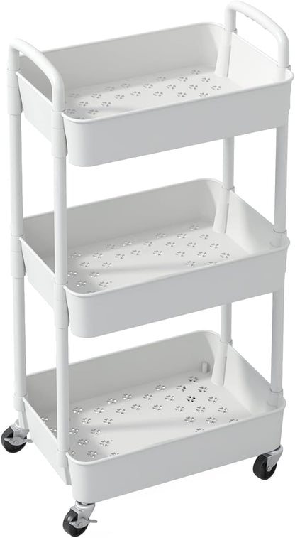 Sywhitta 3-Tier Plastic Rolling Utility Cart with Handle, Multi-Functional Storage Trolley for Office, Living Room, Kitchen, Movable Storage Organizer with Wheels, White