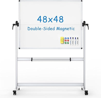 VIZ-PRO Double-Sided Mobile Whiteboard, 48 x 48 Inches, Magnetic Rolling Dry Erase White Board on Wheels with Aluminium Frame and Stand