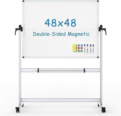 VIZ-PRO Double-Sided Mobile Whiteboard, 48 x 48 Inches, Magnetic Rolling Dry Erase White Board on Wheels with Aluminium Frame and Stand