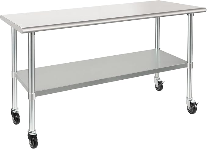 HARDURA Stainless Steel Table with Wheels 24 x 60 Inches Casters NSF Heavy Duty Commercial Work & Prep Table with Undershelf and Galvanized Legs for Restaurant Kitchen Bar and Hotel Garage