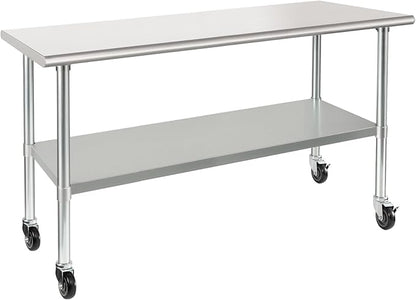 HARDURA Stainless Steel Table with Wheels 24 x 60 Inches Casters NSF Heavy Duty Commercial Work & Prep Table with Undershelf and Galvanized Legs for Restaurant Kitchen Bar and Hotel Garage