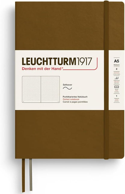 LEUCHTTURM1917 - Notebook Softcover Medium A5-123 Numbered Pages for Writing and Journaling - Thinking Ahead (Dotted Paper, Spice Brown)