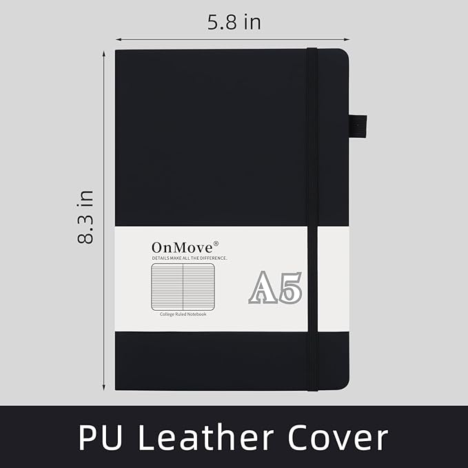 Lined Notebook Journal for Women Men 200 Pages A5 Hardcover Leather with Pen Holder College Ruled Journals for Work Note Taking Travel School Black