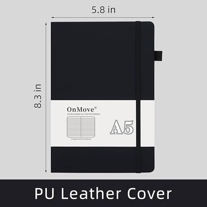 Lined Notebook Journal for Women Men 200 Pages A5 Hardcover Leather with Pen Holder College Ruled Journals for Work Note Taking Travel School Black