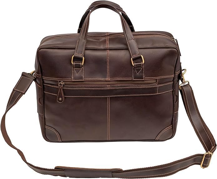Brown Leather Laptop Bag - Stylish 16 Inch Computer Case for Men and Women - Genuine Leather Briefcase with Multiple Pockets and Shoulder Strap