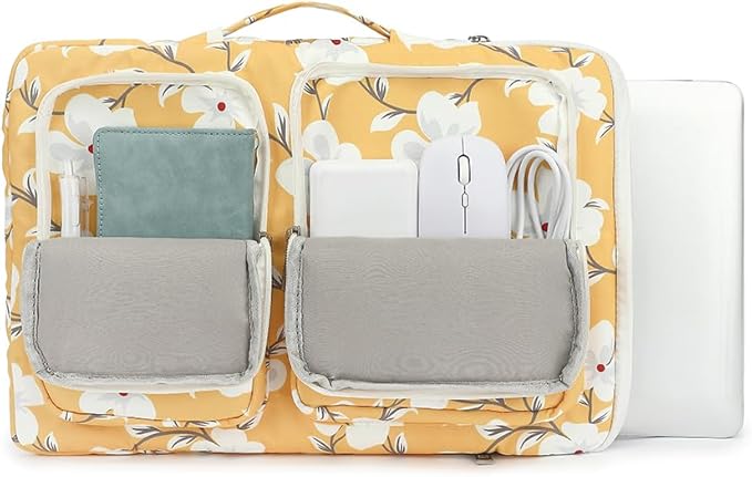 canvaslife 360° Protective Laptop Sleeve Case Bag with 3 Pockets for 14 inch Dell HP Lenovo Laptop and MacBook Pro 14 inch,Surface Laptop 14.4 inch (Yellow flower)