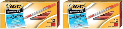 BIC Round Stic Grip Xtra Comfort Ballpoint Pen, Medium Point (1.2mm), Red, 12-Count (Pack of 2)