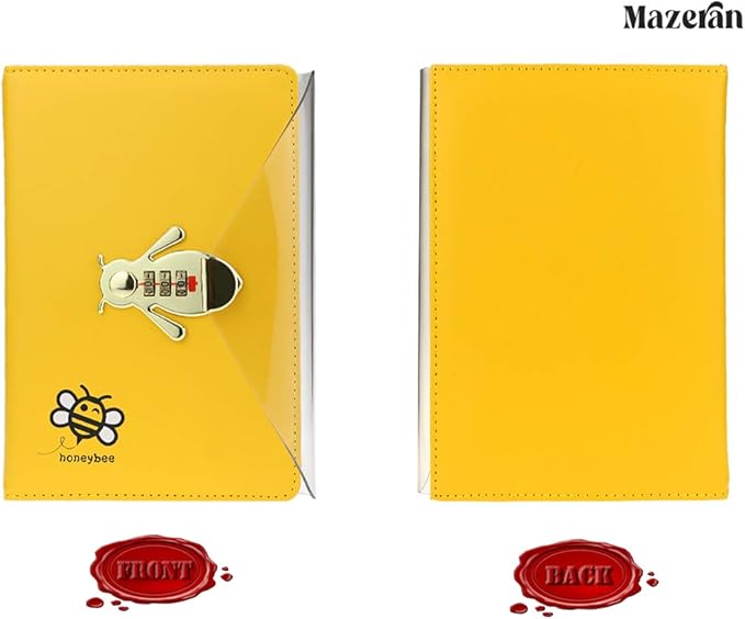 Mazeran Bee Shaped Combination Lock Journal, PU Leather Hard Cover Notebook Cute Diary, Thick A5 Lined Password Locking Personal Planner Secret Organizer Gift for Girls Women Daughter
