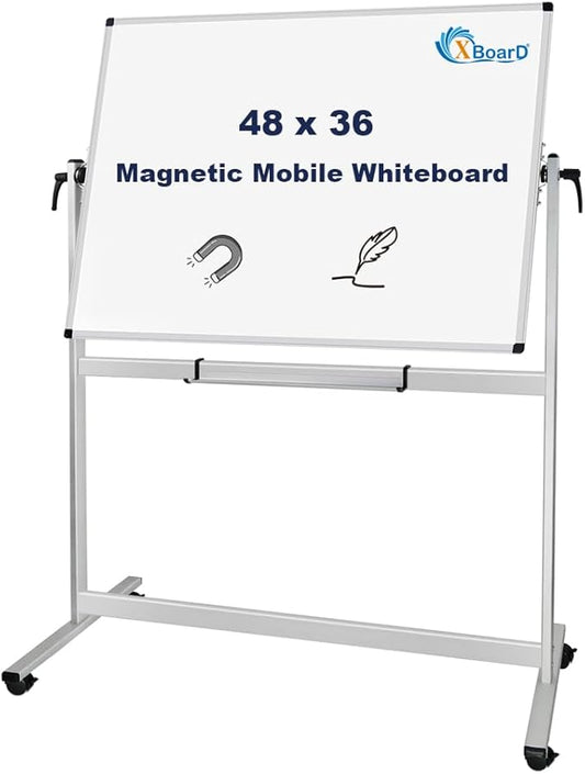 XBoard Rolling Whiteboard 48x36 inch | Magnetic Dry Erase Board on Wheels, Large Portable Easel with Stand and Aluminium Frame for Home School Office Live Streaming