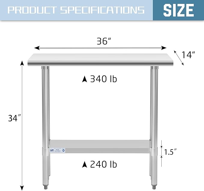 Hally Stainless Steel Table for Prep & Work 14 x 36 Inches, NSF Commercial Heavy Duty Table with Undershelf and Galvanized Legs for Restaurant, Home and Hotel