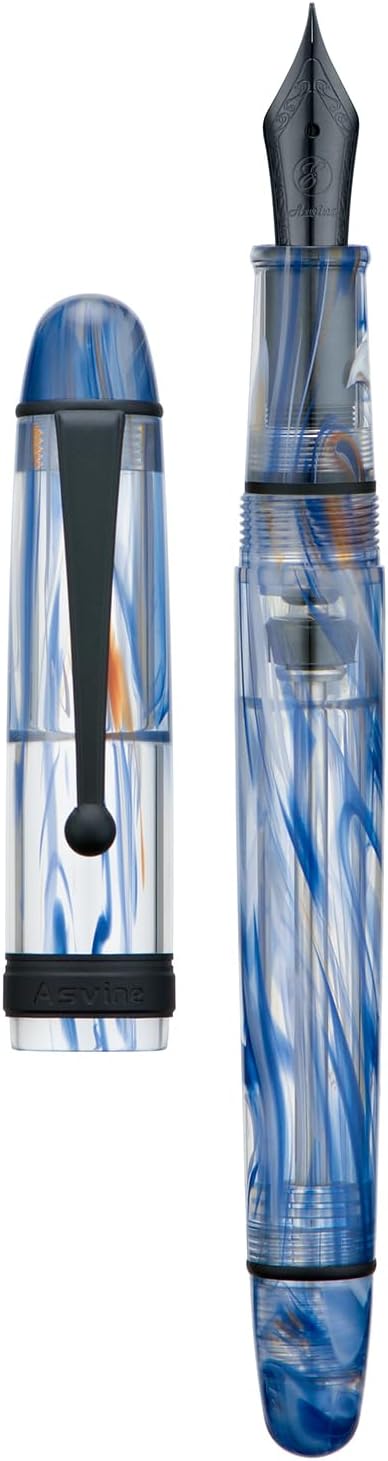 Asvine V126 Vacuum Filling Fountain Pen Extra Fine Nib, Blue Swirl Acrylic, Large-Capacity with Gift Case