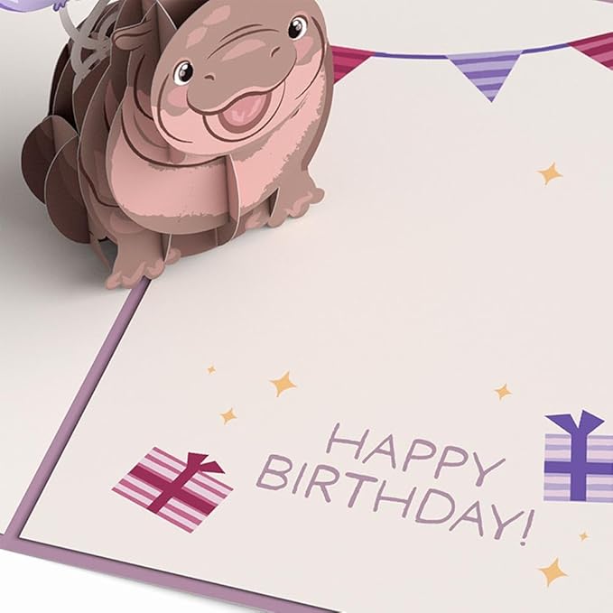 Lovepop Happy Birthday Pop-Up Card for Her and Him- 3D Birthday Animal Greeting Cards for Boys, Girls, Men, Women - Baby Pygmy Hippo - 5" x 7" Card - Blank Note Card & Envelope Included