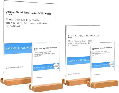 Acrylic Sign Holder A4/A5/A6 Menu Displays Double Sided, Wood Base Table Top Sign Stand (Vertical A6 105×148mm/4.13×5.83 inches)