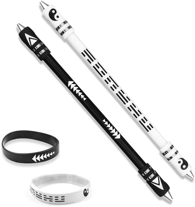 2 Colors Pen Spinning with Silicone Bracelet, Metal Heads Gaming Finger Pen, 8.5In Weighted Rotating Ballpoint Pen, Spinning Pen for Student Adults, No Pen Refill (Black,White)