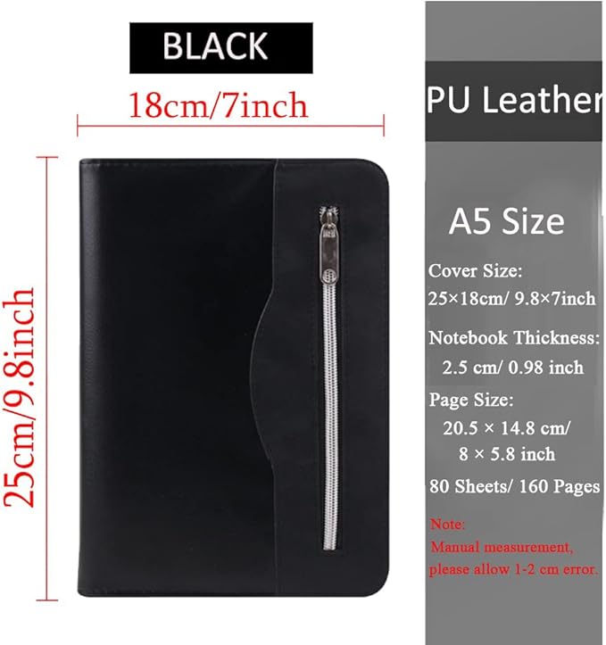 SAYEEC A5 Executive Conference Folder Business Notebook Zipped Organizer with Calculator Travel Portfolio binder Faux Leather Loose Leaf Paper Lined Refillable Journal Gift for Men