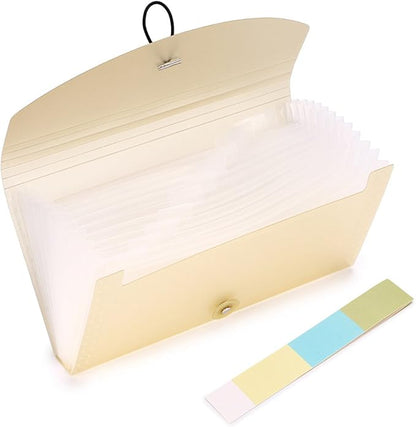 BTSKY Expanding File Folder - 13 Pockets, Small Accordion File Folder, Expandable Card Ticket Holder, Plastic Business Document Organizer, Khaki Translucent