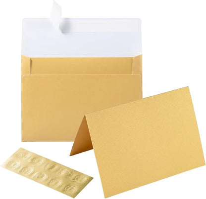 Wishop 50 Pack Shiny Self-Adhesive Envelopes with Shiny Fold Cards for Wedding Invitations, Greeting Cards, Baby Shower, Letter Mailing (Gold, 5x7)