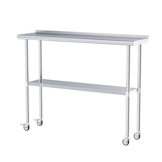 Stainless Steel Table with Wheels 14 x 48 Inches Metal Prep Table with Backsplash & Caster, Adjustable Undershelf for Commercial Kitchen, Outdoor, Restaurant, Hotel & Garage