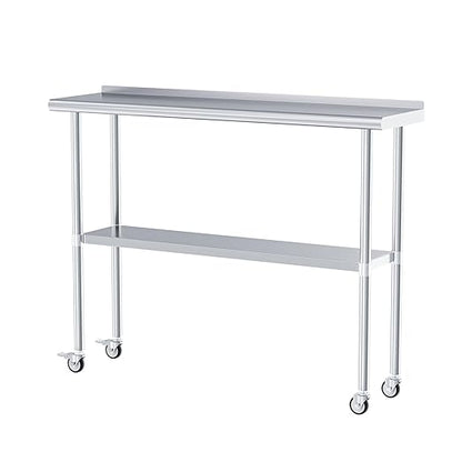 Stainless Steel Table with Wheels 14 x 48 Inches Metal Prep Table with Backsplash & Caster, Adjustable Undershelf for Commercial Kitchen, Outdoor, Restaurant, Hotel & Garage