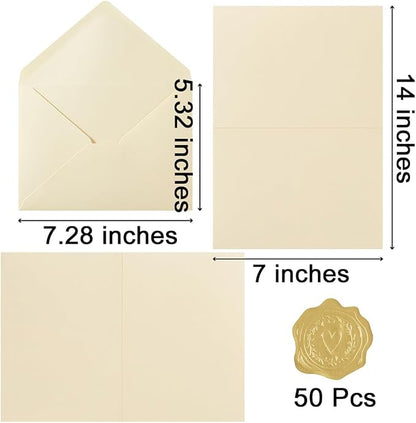 50 Pack Cream A7 Envelopes with Cards 5x7 Thick Folded Cardstock and Gold Stickers for Greeting Cards, Wedding, Birthday, Invitations, Baby Showers (Cream, 5x7)